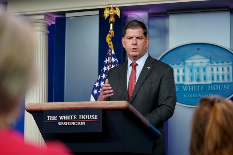 &copy; Reuters. FILE PHOTO: Secretary of Labor Marty Walsh speaks during a news conference at the White House in Washington