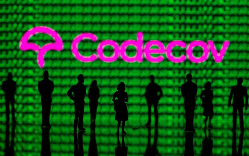 &copy; Reuters. FILE PHOTO: Small toy figures are seen in front of the Codecov logo and cyber binary codes in this illustration
