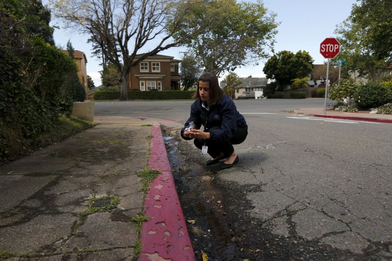 © Reuters. FILE PHOTO: Jolene Bertetto, a water conservation technician with East Bay Municipal Utility District, takes a water sample from a neighborhood in Oakland