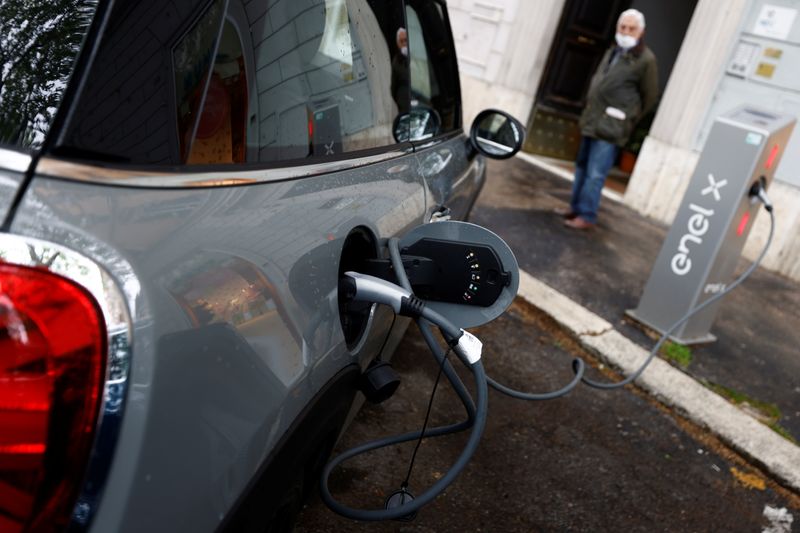 &copy; Reuters. An electric car is plugged in at a charging point for electric vehicles in Rome
