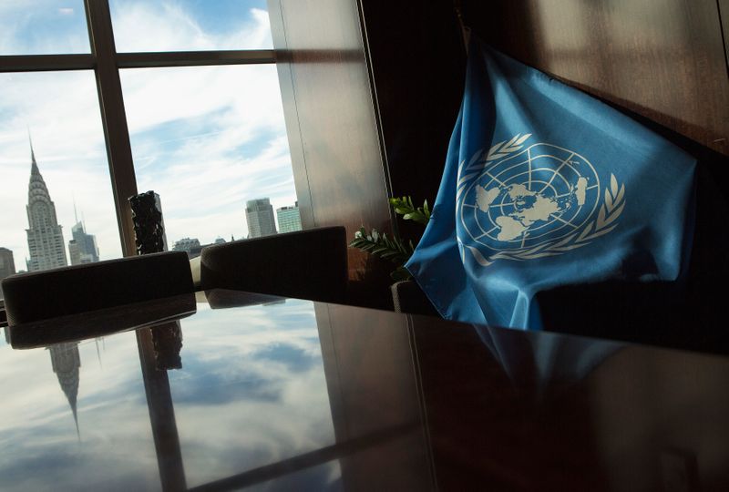 &copy; Reuters. United Nations flag is seen in boardroom in Secretariat building during U.N. General Assembly at U.N. Headquarters in New York