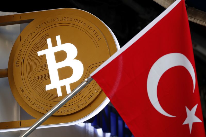 &copy; Reuters. FILE PHOTO: A bitcoin logo is seen next to Turkish flag at a cryptocurrency exchange shop in Istanbul
