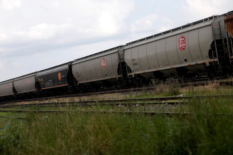 © Reuters. FILE PHOTO: A freight train of KCS Railway Company is pictured in Toluca