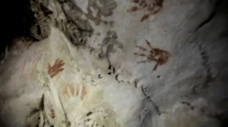 &copy; Reuters. Hand prints, reportedly 1,200 years old, are seen on the cave walls, in Merida