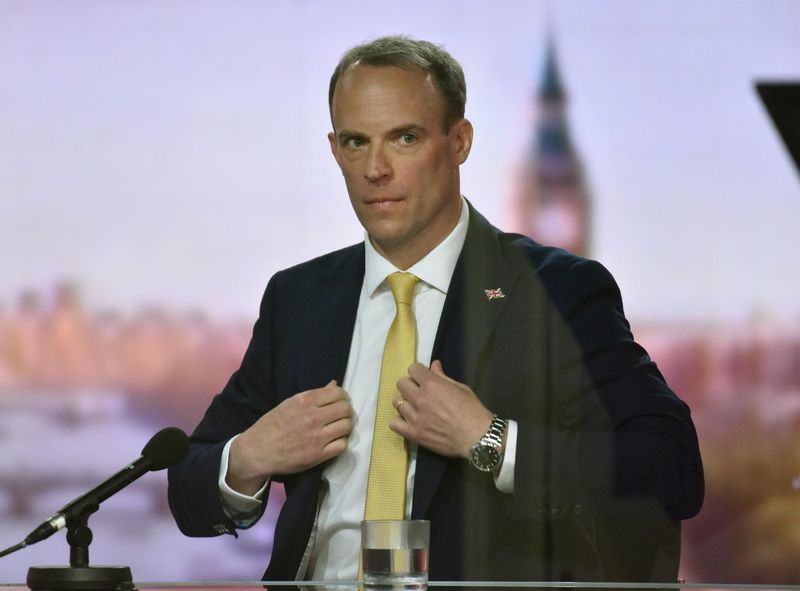 &copy; Reuters. Il ministro degli esteri britannico Dominic Raab ospite all'Andrew Marr Show della BBC TV a Londra, Gran Bretagna, il 2 maggio 2021. Jeff Overs / BBC / Dispensa tramite REUTERS 