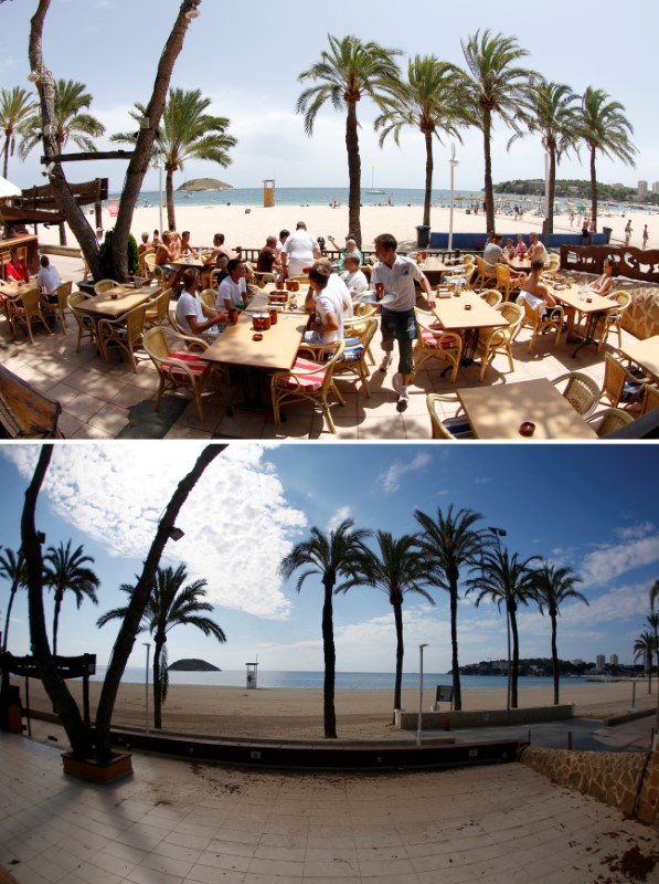 &copy; Reuters. FILE PHOTO: A combination photo shows tourists in a terrace at the beach of Magaluf, July 22, 2011, and the beach empty during the coronavirus disease (COVID-19) outbreak in Magaluf, Mallorca, Spain April 9, 2020. REUTERS/Enrique Calvo/File Photo