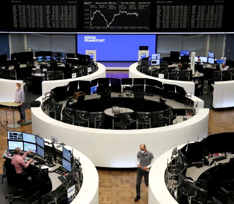 &copy; Reuters. FILE PHOTO: The German share price index DAX graph is pictured at the stock exchange in Frankfurt, Germany, May 3, 2021.    REUTERS/Staff