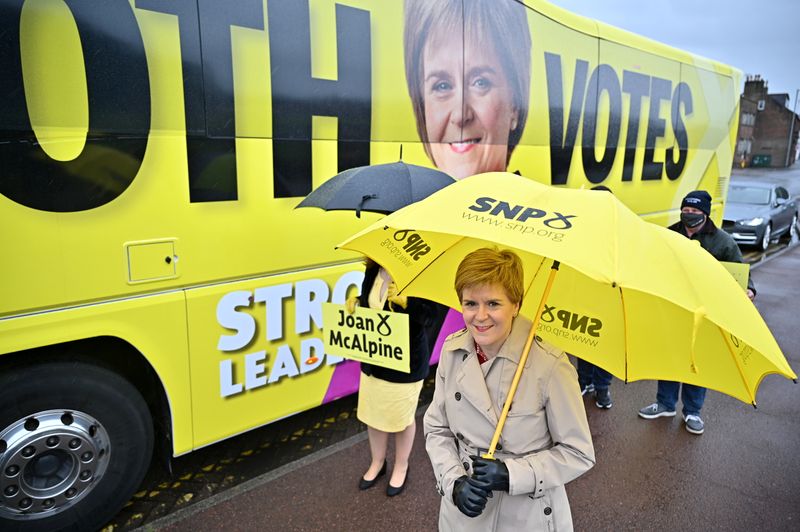 &copy; Reuters. FILE PHOTO: Scotland's First Minister Nicola Sturgeon campaigns in Midsteeple Quarter for the Scottish Parliament election, in Dumfries, Scotland, Britain May 3, 2021.  Jeff J Mitchell/Pool via REUTERS