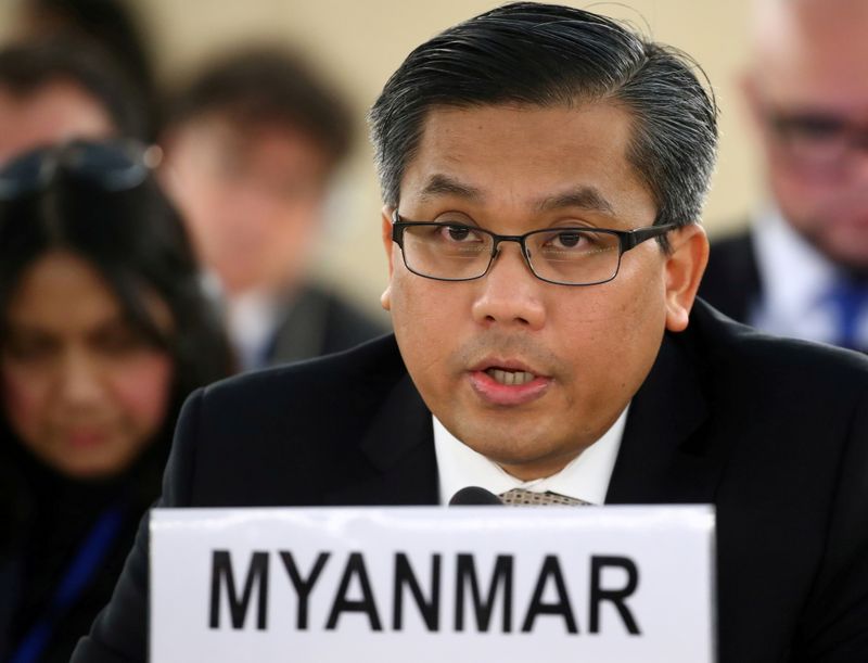 &copy; Reuters. FILE PHOTO: Myanmar&apos;s United Nations ambassador Kyaw Moe Tun addresses the U.N. Human Rights Council in Geneva