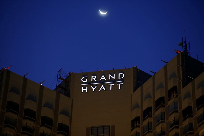 &copy; Reuters. FILE PHOTO: The exterior of the Grand Hyatt hotel is pictured during the dusk, following the coronavirus disease (COVID-19) outbreak, in Jakarta, Indonesia, June 25, 2020. REUTERS/Willy Kurniawan