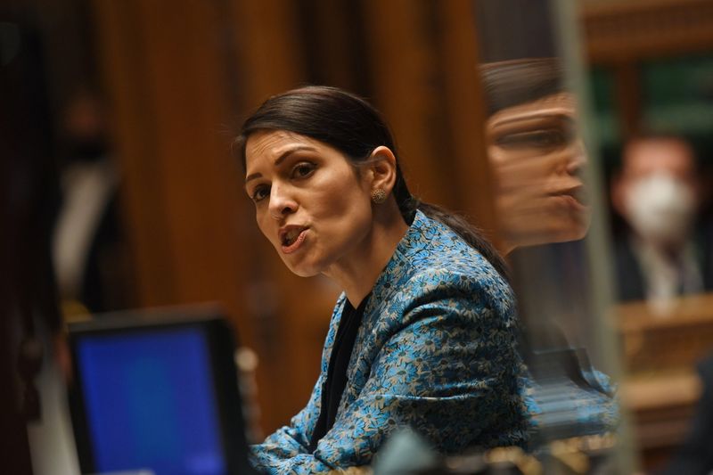 &copy; Reuters. FILE PHOTO: Britain's Secretary of State for the Home Department Priti Patel speaks during a parliament session at the House of Commons in London, Britain March 15, 2021. UK Parliament/Jessica Taylor/Handout via REUTERS 