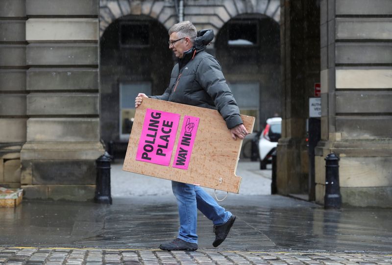 &copy; Reuters. FILE PHOTO: A council staff member carries a sign during preparations to deliver ballot boxes to polling stations ahead of Scottish parliamentary election held on May 6, at the Royal Mile, Edinburgh, Scotland, Britain, May 4, 2021. REUTERS/Russell Cheyne
