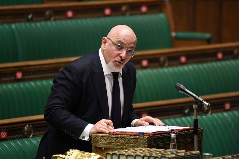 &copy; Reuters. FILE PHOTO: British Vaccine Deployment Minister Nadhim Zahawi speaks at the House of Commons in London, Britain February 4, 2021. UK Parliament/Jessica Taylor/Handout via REUTERS