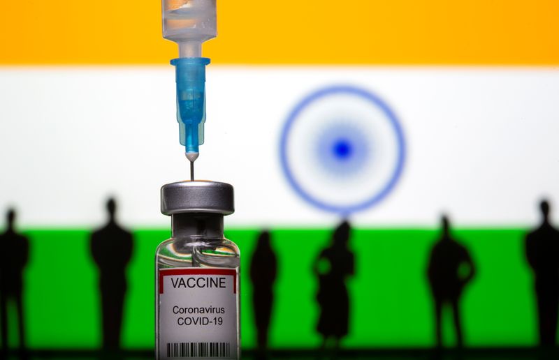 &copy; Reuters. 3D-printed small toy figurines, a syringe and vial labelled &quot;coronavirus disease (COVID-19) vaccine&quot; are seen in front of India flag in this illustration