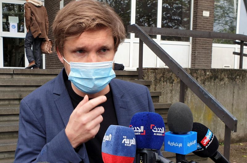 &copy; Reuters. Belgian lawyer Dimitri de Beco, representing Iranian diplomat Assadollah Assadi who was charged in Belgium with planning to bomb a meeting of an exiled Iranian opposition group in France, speaks to the media outside a court building in Antwerp, Belgium Ma