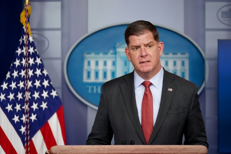 © Reuters. FILE PHOTO: Secretary of Labor Marty Walsh speaks during a news conference at the White House in Washington, U.S. April 2, 2021. REUTERS/Erin Scott