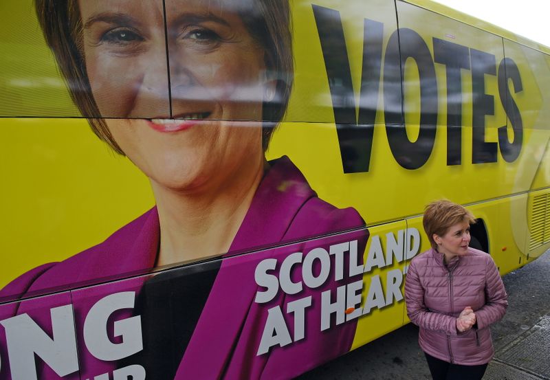 &copy; Reuters. Scotland's First Minister and leader of the Scottish National Party (SNP), Nicola Sturgeon campaigns in Dumbarton, Scotland, Britain May 5, 2021, ahead of the upcoming Scottish Parliament election. Andy Buchanan/Pool via REUTERS