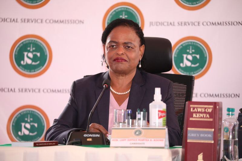&copy; Reuters. FILE PHOTO: Judge Martha Koome attends the interview for the post of Chief Justice at the Supreme Court building in Nairobi, Kenya April 14, 2021. Picture taken April 14, 2021. Zakheem Rajan/Judicial Service Commission/Handout via REUTERS 