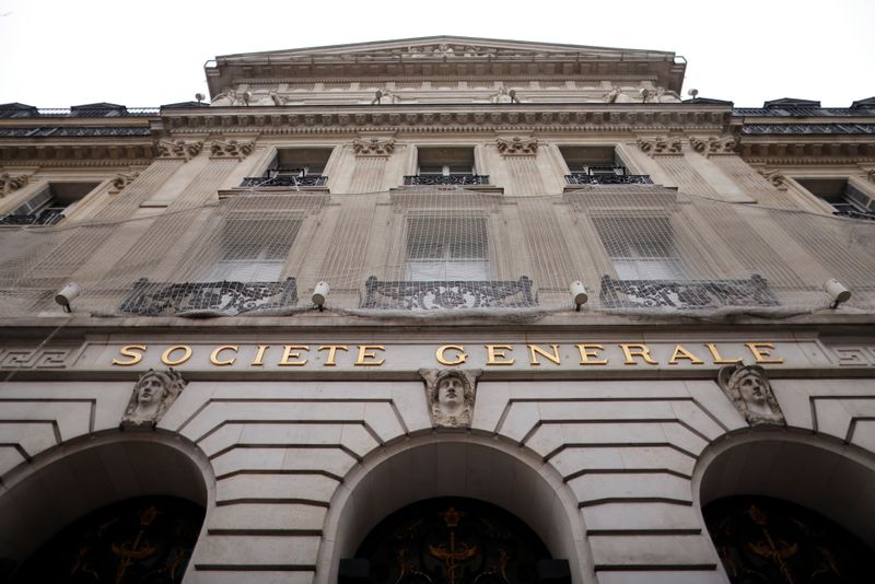 &copy; Reuters. FILE PHOTO: The facade of a building of the French bank Societe Generale is seen in Paris, France, February 9, 2021. REUTERS/Sarah Meyssonnier