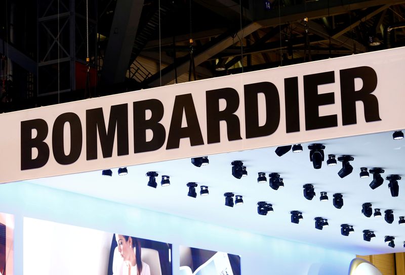 &copy; Reuters. FILE PHOTO: A logo of jet manufacturer Bombardier is pictured on their booth during the European Business Aviation Convention & Exhibition (EBACE) in Geneva, Switzerland, May 22, 2017.  REUTERS/Denis Balibouse