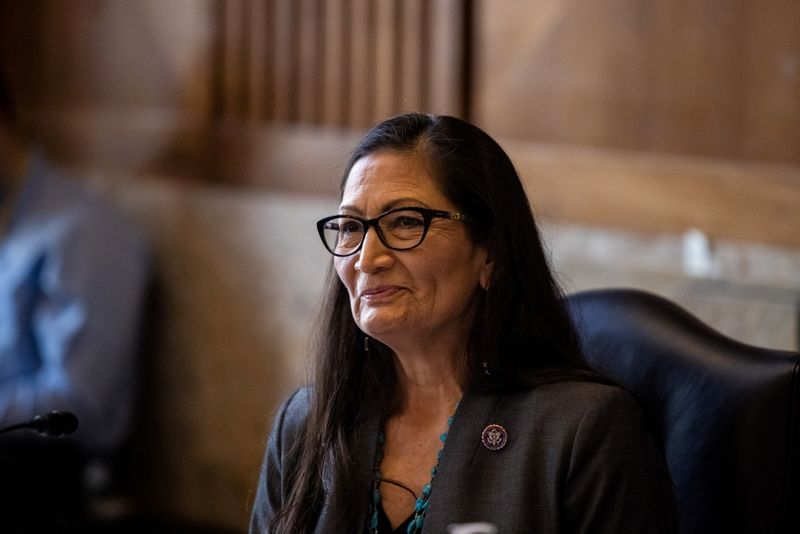 © Reuters. FILE PHOTO: Rep. Deb Haaland, D-NM, looks on during a Senate Committee on Energy and Natural Resources hearing on her nomination to be Interior Secretary on Capitol Hill in Washington, DC, U.S. February 23, 2021. Graeme Jennings/Pool via REUTERS