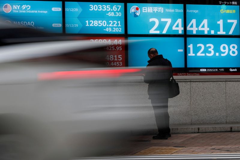 &copy; Reuters. FOTO DE ARCHIVO: Un hombre frente a una pantalla que muestra el índice de acciones Nikkei y los índices bursátiles mundiales en el exterior de una agencia de valores,  en Tokio