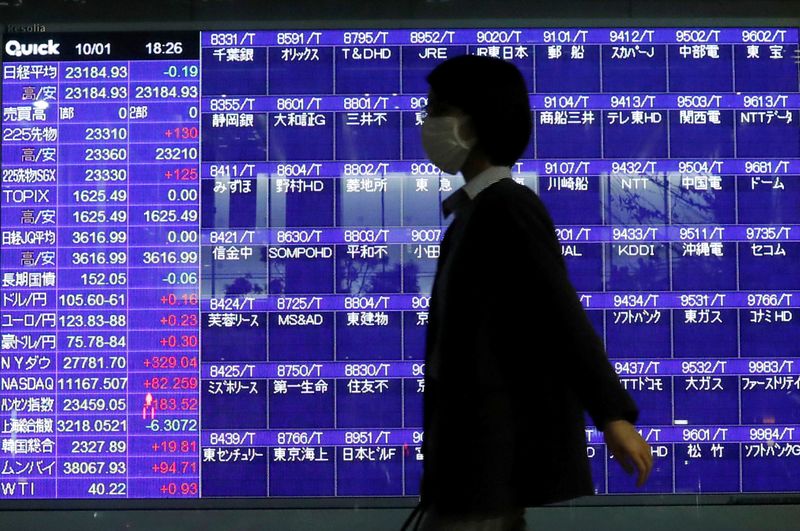 &copy; Reuters. FILE PHOTO: A passerby wearing a protective mask is silhouetted in front of a screen of blank prices on a stock quotation board after Tokyo Stock Exchange temporarily suspended all trading due to system problems, amid the coronavirus disease (COVID-19) pa