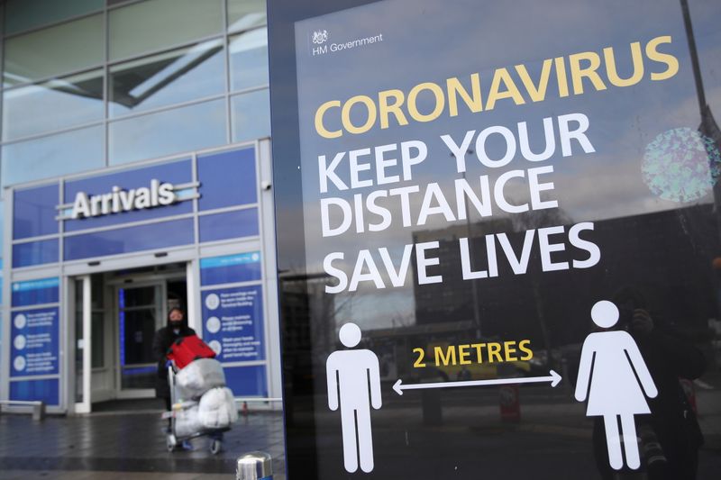 &copy; Reuters. FILE PHOTO: An information board is seen at Birmingham Airport, as Britain introduces hotel quarantine programme for arrivals from a "red list" of 30 countries, in Birmingham, Britain, February 15, 2021. REUTERS/Carl Recibe