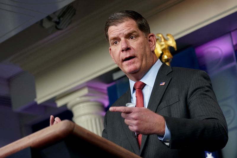 &copy; Reuters. FILE PHOTO: Secretary of Labor Marty Walsh speaks during a news conference at the White House in Washington, U.S. April 2, 2021. REUTERS/Erin Scott
