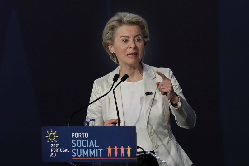 &copy; Reuters. Ursula von der Leyen em discurso durante cúpula na cidade do Porto
 7/5/2021   Paulo Novais/Pool via REUTERS