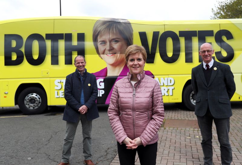 © Reuters. FILE PHOTO: Scottish First Minister and leader of the Scottish National Party (SNP) Nicola Sturgeon, SNP candidate Jim Fairlie and Deputy First Minister John Swinney visit Perth Farmers Market as Sturgeon campaigns in Perth, Scotland, Britain, May 1, 2021. REUTERS/Russell Cheyne/Pool