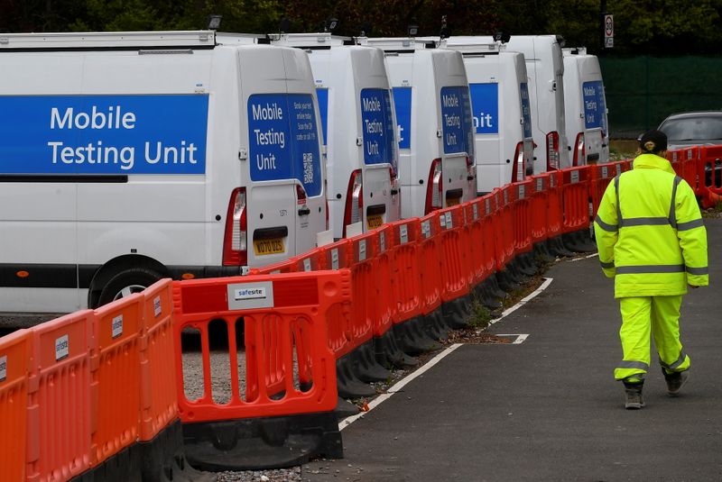&copy; Reuters. Coronavirus disease (COVID-19) mobile testing vehicles are seen parked at a depot in London, Britain