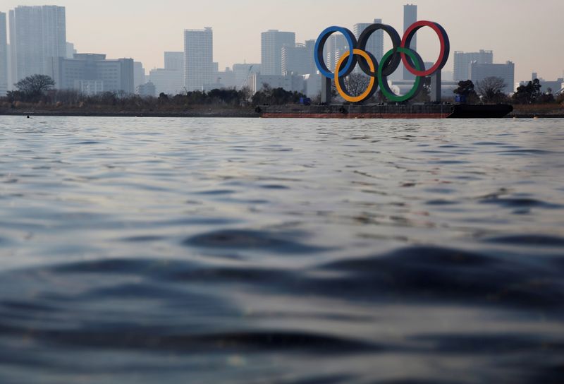 &copy; Reuters. FILE PHOTO: The giant Olympic rings are seen over the sea, amid the coronavirus disease (COVID-19) outbreak, in Tokyo, Japan, January 22, 2021. REUTERS/Kim Kyung-Hoon