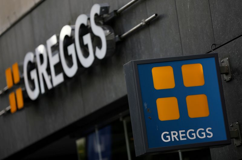 &copy; Reuters. FILE PHOTO: Signage and logo pictured outside a branch of Greggs in Liverpool, Britain, July 30, 2019. REUTERS/Phil Noble