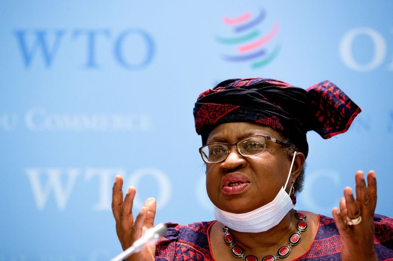 &copy; Reuters. FILE PHOTO: Director-General of the World Trade Organisation Ngozi Okonjo-Iweala speaks during a press conference remotely on the annual global WTO trade forecast at the headquarters of the World Trade Organization (WTO) in Geneva, Switzerland March 31, 2