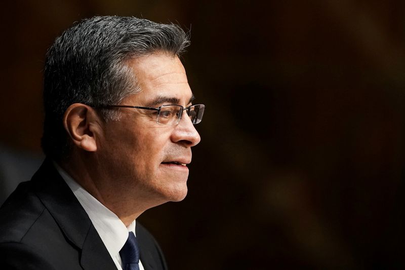 &copy; Reuters. FILE PHOTO: Xavier Becerra, nominee for secretary of Health and Human Services, answers questions during his Senate Finance Committee nomination hearing on Capitol Hill in Washington, DC, U.S., February 24, 2021. Greg Nash/Pool via REUTERS/File Photo