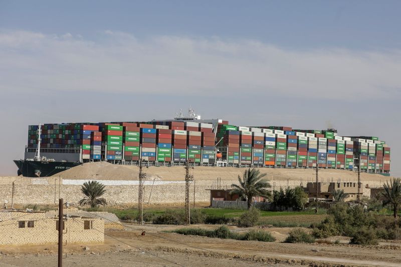 &copy; Reuters. FILE PHOTO: Ship Ever Given, one of the world's largest container ships, is seen after it was fully floated in Suez Canal, Egypt March 29, 2021. REUTERS/Mohamed Abd El Ghany/File Photo