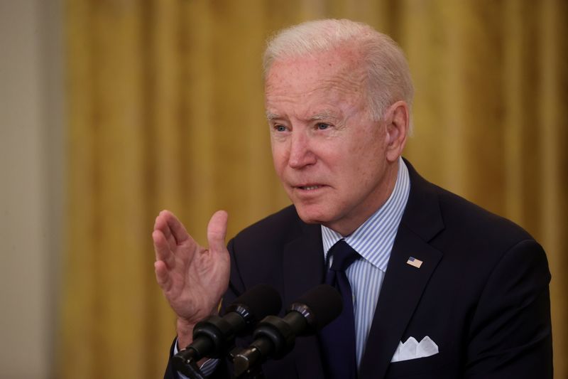 &copy; Reuters. FILE PHOTO: U.S. President Joe Biden gestures as he delivers remarks on the April jobs report from the East Room of the White House in Washington, U.S., May 7, 2021.  REUTERS/Jonathan Ernst