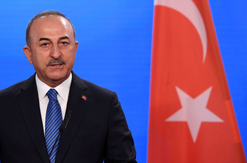 &copy; Reuters. FILE PHOTO: Turkish Foreign Minister Mevlut Cavusoglu gives a statement to the media after a meeting with his German counterpart in Berlin, Germany, May 6, 2021. REUTERS/Annegret Hilse/Pool