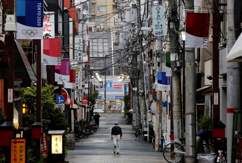 &copy; Reuters. Homem com máscara de proteção caminha em rua comercial decorada com bandeiras da Olimpíada Tóquio 2020 em Tóquio
07/05/2021 REUTERS/Kim Kyung-Hoon