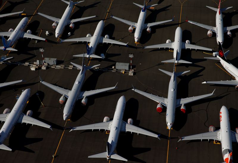 &copy; Reuters. Grounded Boeing 737 MAX aircraft are seen parked in an aerial photo at Boeing Field in Seattle, Washington, U.S. July 1, 2019. Picture taken July 1, 2019.  REUTERS/Lindsey Wasson