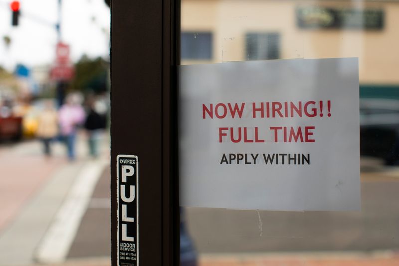 &copy; Reuters. A retail store advertising a full time job on its open door in Oceanside, California