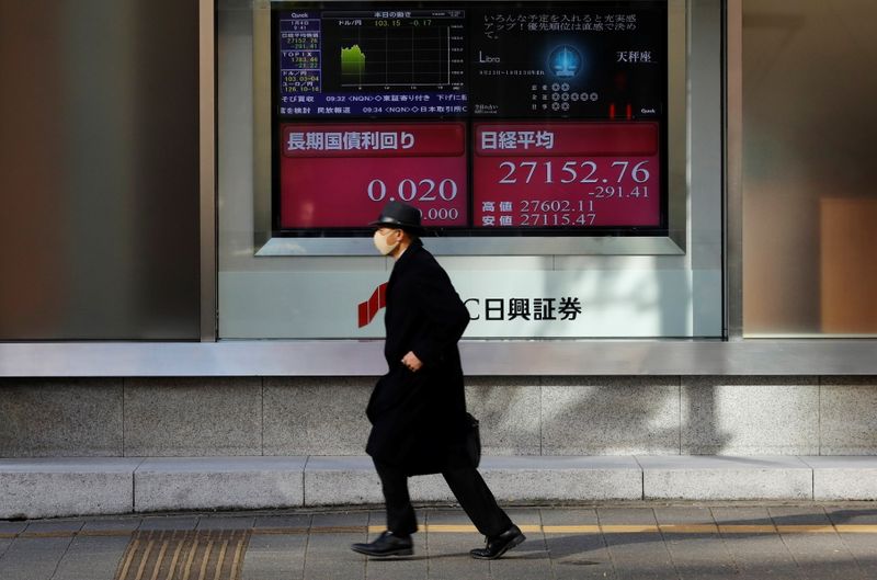 © Reuters. رجل يضع كمامة للوقاية من فيروس كورونا يمر أمام لوحة إلكترونية تعرض المؤشر نيكي في طوكيو يوم 4 يناير كانون الثاني 2021. تصوير: كيم كيونج هون - رويترز.