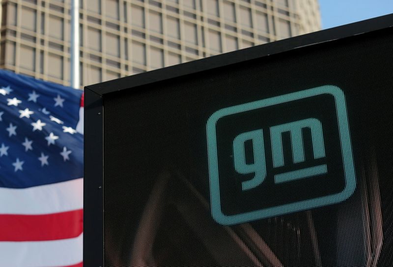 &copy; Reuters. FILE PHOTO: The new GM logo is seen on the facade of the General Motors headquarters in Detroit, Michigan, U.S., March 16, 2021.    REUTERS/Rebecca Cook 