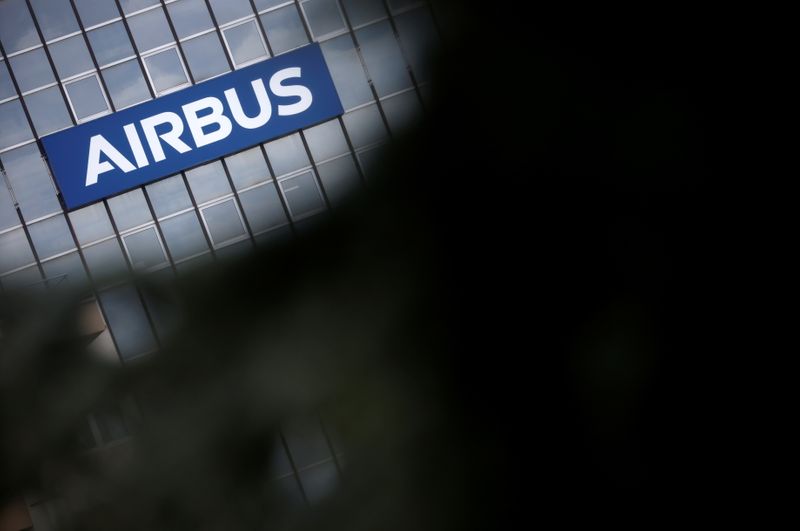 &copy; Reuters. FILE PHOTO: The logo of Airbus is seen on a building in Toulouse, France, March 11, 2021. REUTERS/Stephane Mahe