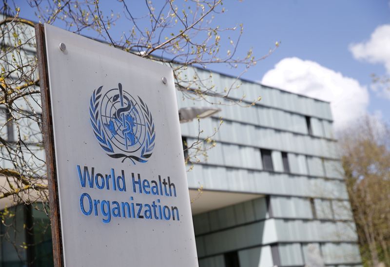 &copy; Reuters. FILE PHOTO: A logo is pictured outside a building of the World Health Organization (WHO) during an executive board meeting on update on the coronavirus disease (COVID-19) outbreak, in Geneva, Switzerland, April 6, 2021. REUTERS/Denis Balibouse/File Photo
