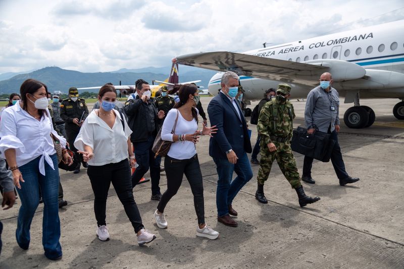 &copy; Reuters. Colombia's President Ivan Duque arrives in Cali to lead a working meeting on security matters and to review progress on social issues, in Cali, Colombia May 11, 2021. Colombia Presidency/Handout via REUTERS NO RESALES. NO ARCHIVES ATTENTION EDITORS - THIS