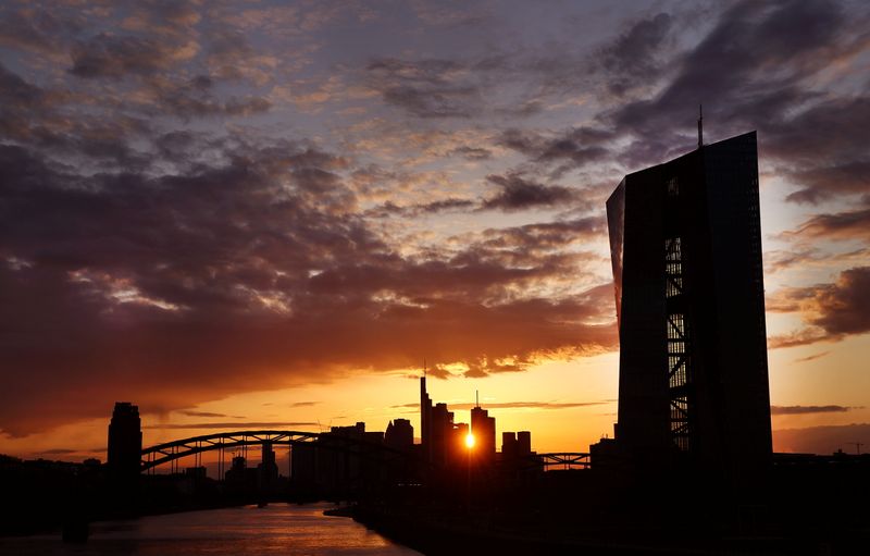 &copy; Reuters. FILE PHOTO: The European Central Bank (ECB) and the skyline with its financial district are photographed during sunset as the spread of the coronavirus disease (COVID-19) continues in Frankfurt, Germany, April 13, 2021.  REUTERS/Kai Pfaffenbach