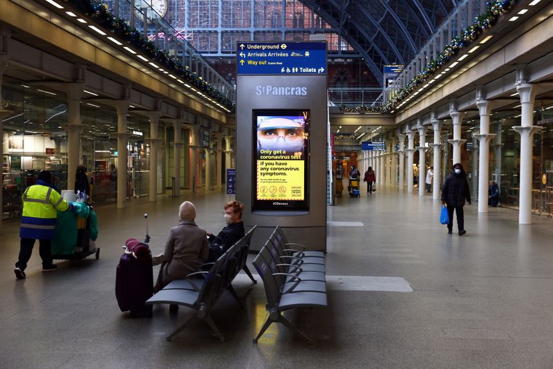 &copy; Reuters. FILE PHOTO: An info board is seen in St Pancras International rail station amid the coronavirus disease (COVID-19) outbreak in London, Britain, November 6, 2020. REUTERS/Simon Dawson