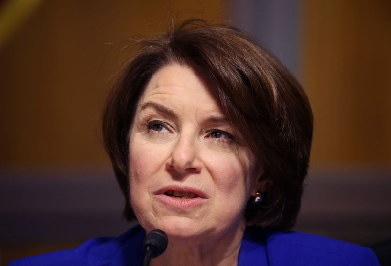 &copy; Reuters. Sen. Amy Klobuchar, D-MN, asks questions during a hearing of the Senate Judiciary Subcommittee on Privacy, Technology, and the Law, at the U.S. Capitol in Washington DC, U.S., April 27, 2021. Tasos Katopodis/Pool via REUTERS
